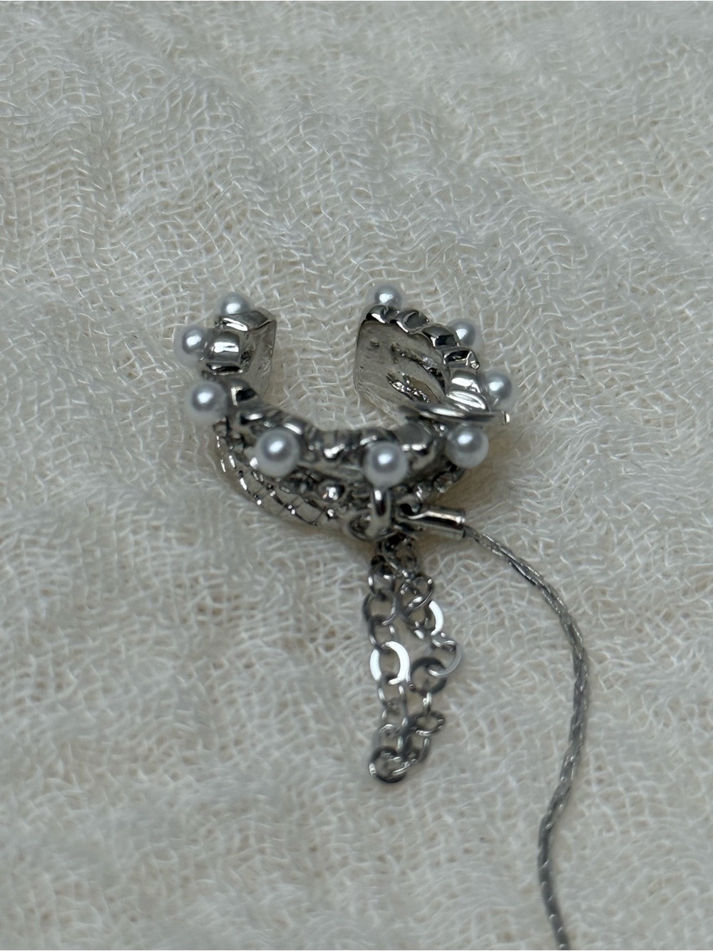 Silver Pearl Accent Ear Cuff with Dangle Chain